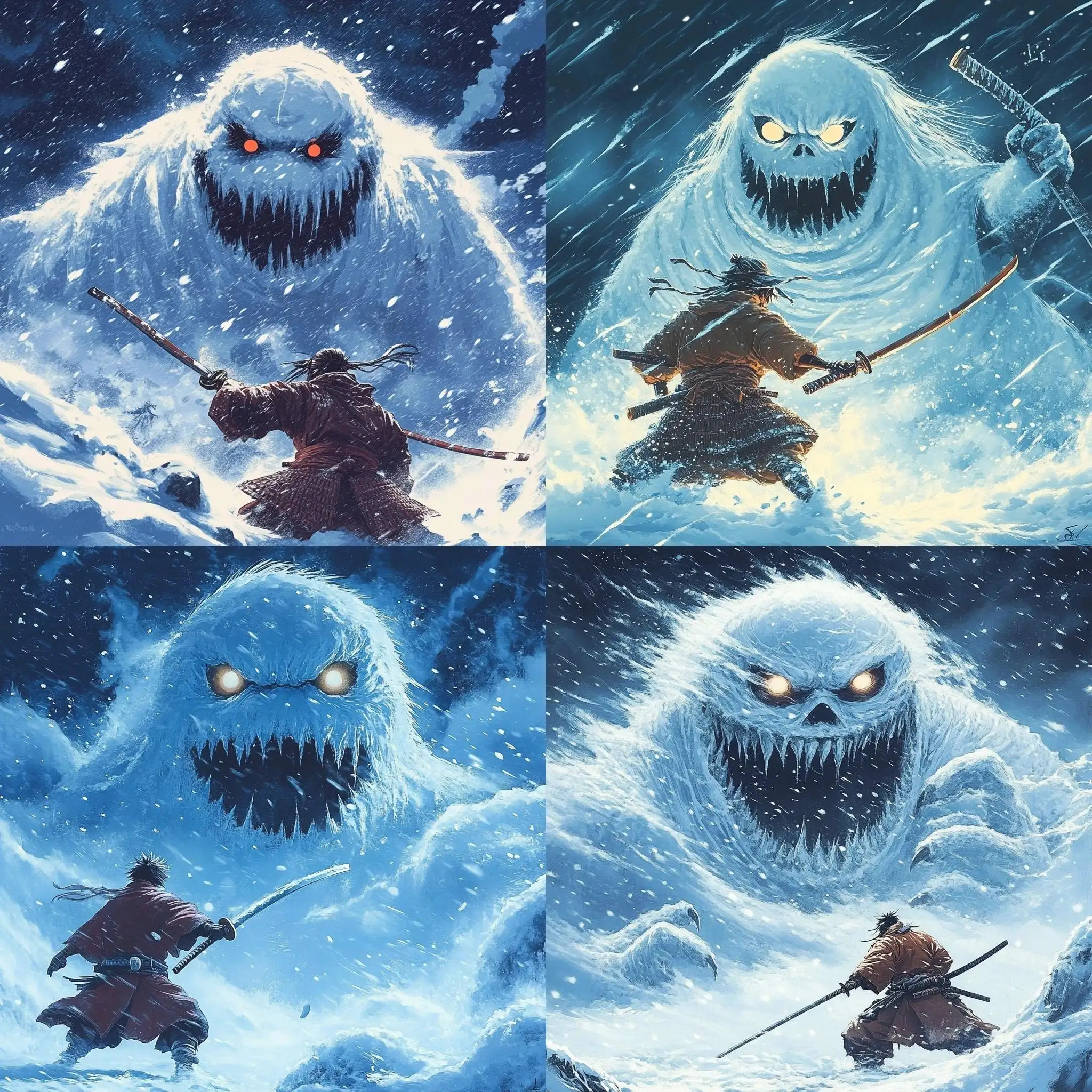 Samurai-Battling-Giant-Snowman-in-Snowstorm-1990s-Anime-Style