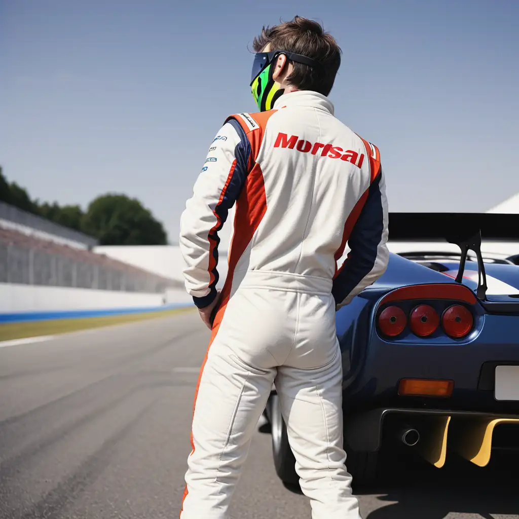 Man,race suit,leaning against a sports car, back view