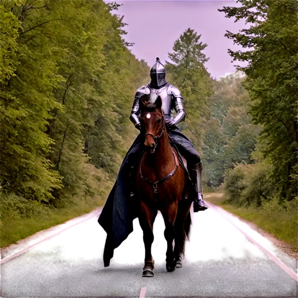 CREATE IMAGE OF A KNIGHT WITH HIS HORSE ON A ROAD SURROUNDED BY TREES