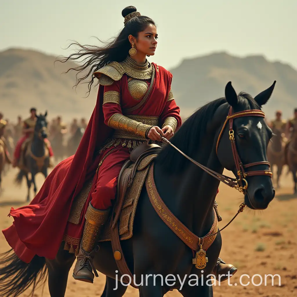 Beautiful-Female-Warriors-Riding-Adorned-Black-Horses-in-Ancient-Times