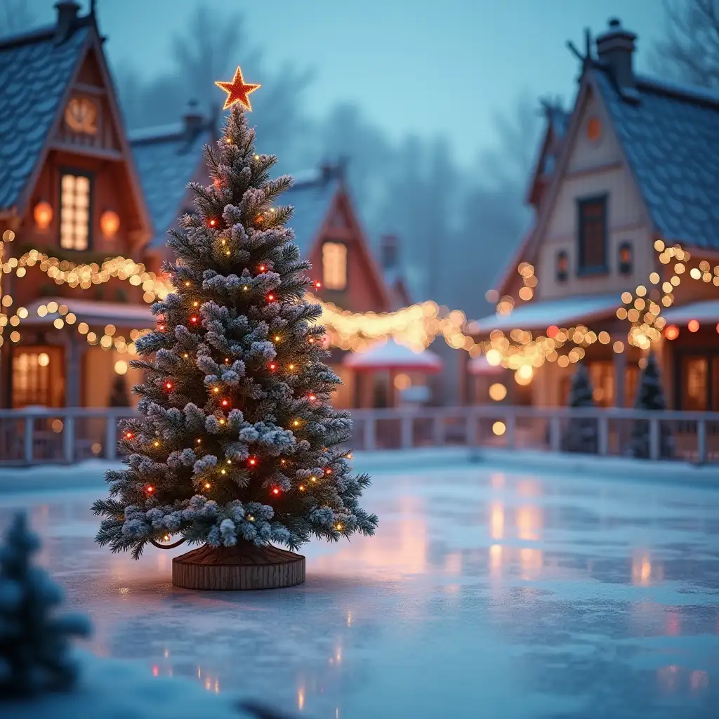 Ice rink with a Christmas tree in a fairy tale village with multicolored garlands, surrounded by a decorated fence, blurred background