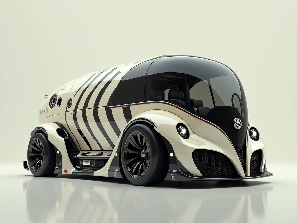 Supermodern utopian sports omnibus lowered body with skull, aluminum wheels, wide tires, cream black zig zag pattern science fiction