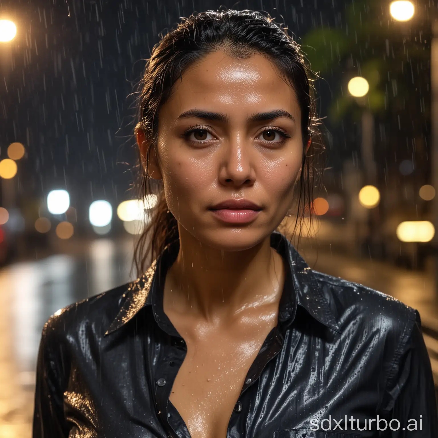 40YearOld-IndonesianItalian-Hybrid-Woman-in-Night-City-Street-Emotional-Expression-Under-Rain