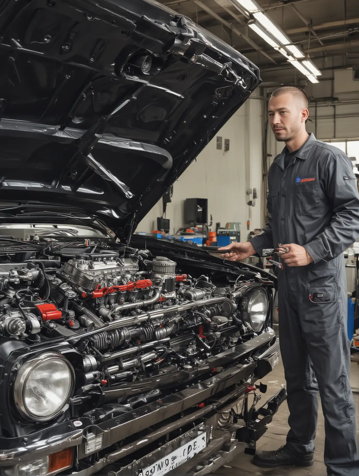 Mechanic standing next to an open hood, pointing at a shiny Japanese engine, with tools nearby. Background: clean auto shop.