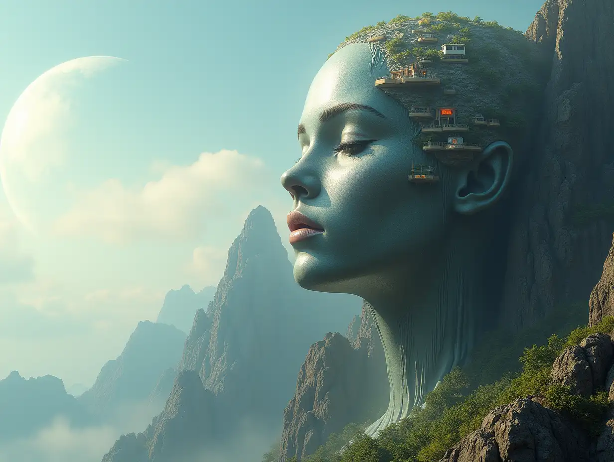 Create for me a photorealistic image of Paradise, face transformed into a building on a high mountain on another planet with an alien