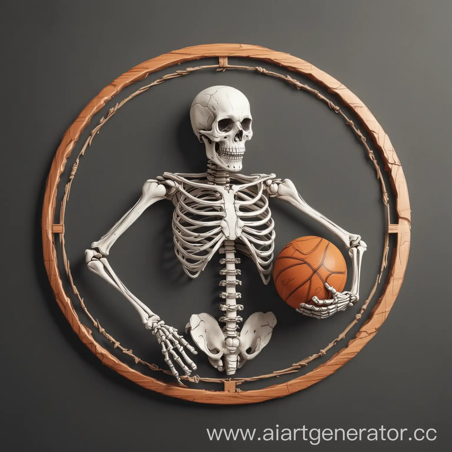 A drawing of a circular logo, skeleton with a basketball ball. 4k