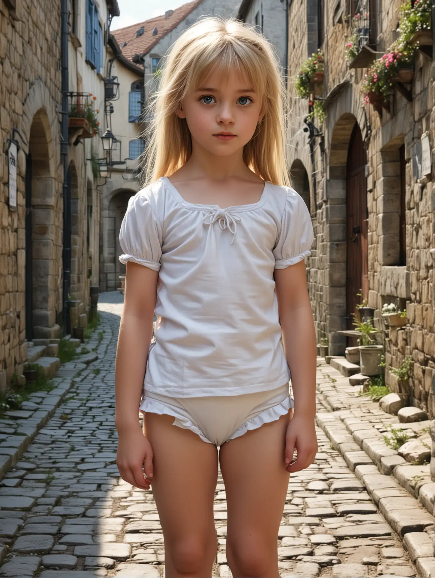 9YearOld-Girl-in-Medieval-European-Road-with-Cute-Pose-and-Blonde-Hair