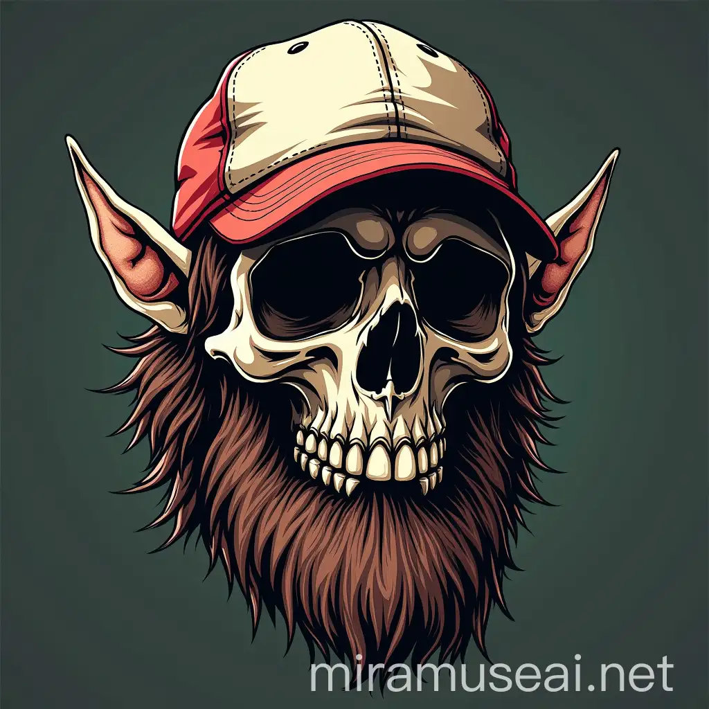 Skull with Elf Ears Wearing Baseball Cap and Beard