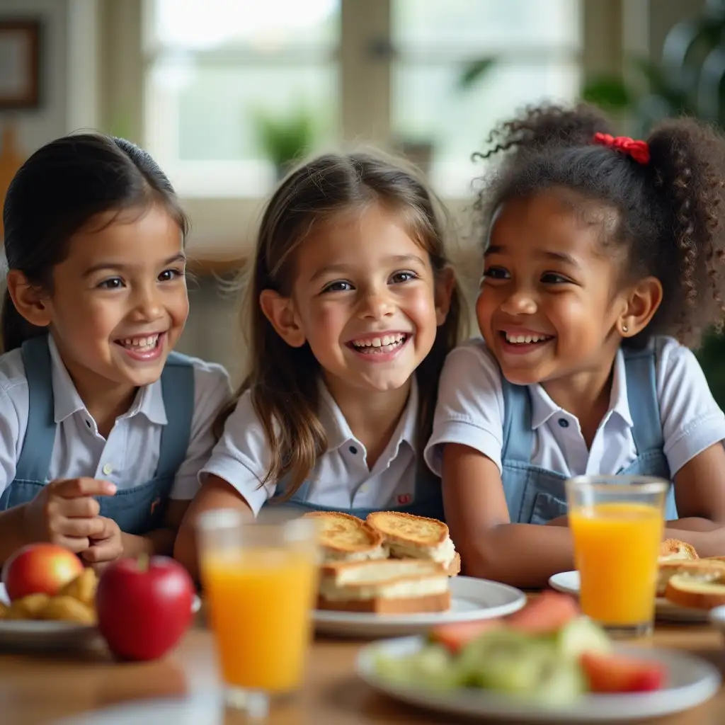 Show children in school uniforms, aged between 3 AND 6 years old, having fun and laughing together during school recess, Include scenes of delicious snacks (fruits, sandwiches), natural juices, and friendship among the children, The scene should convey fun, unity, highlighting the joy of recess