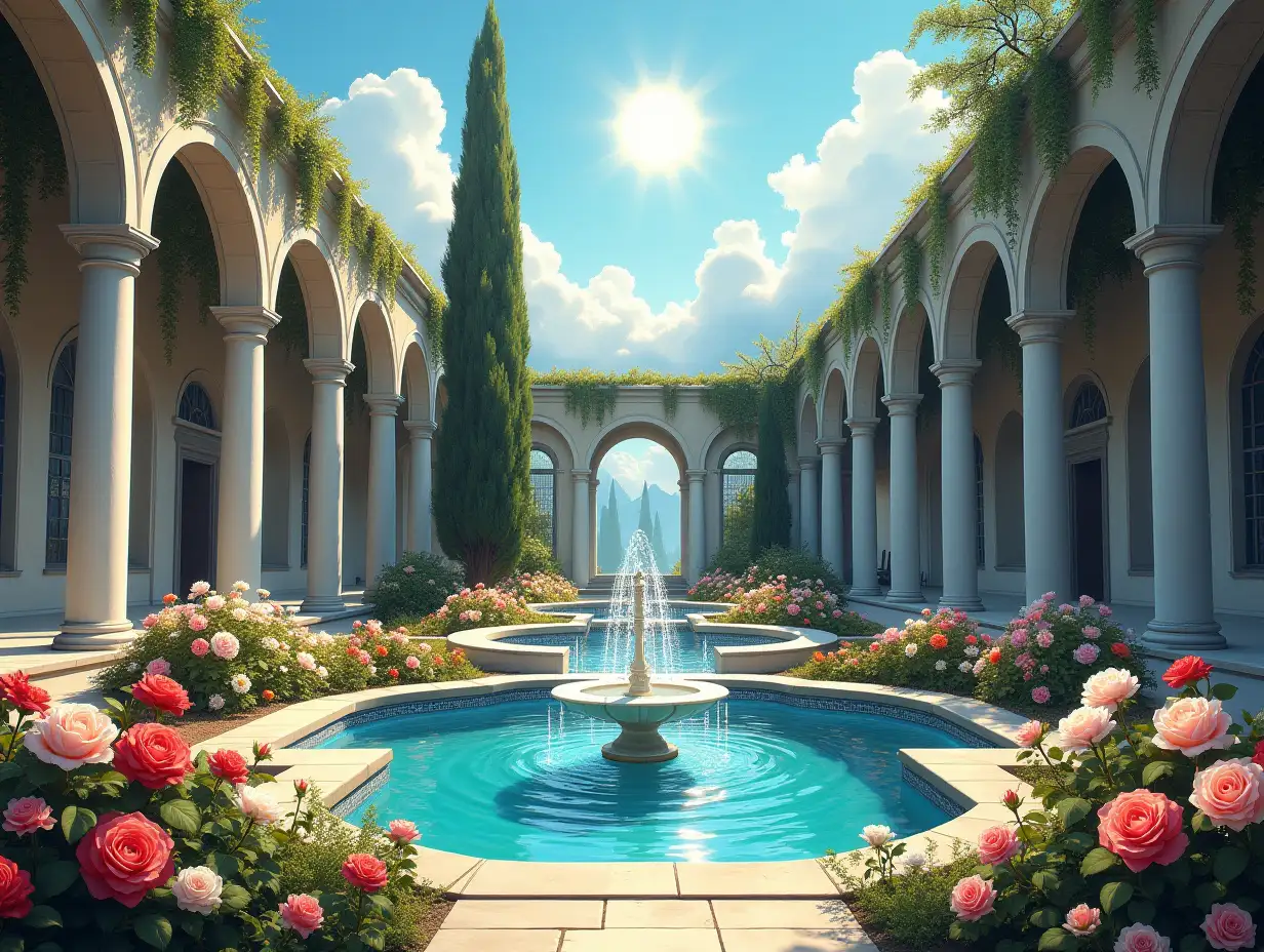 Fantasy Safe Temple with Rose Garden and Fountain under Blue Sky