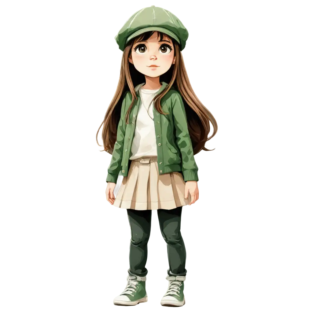 :Cute little girl wearing a peaked cap, medium to long hair, big eyes, green and white, wearing a sweater, close-up expression, exaggerated movements, a variety of expressions and movements, including happy, sad, angry, coquettish and other emotions. Rich details, smooth lines, illustration art, sticker style, bright colors, super high quality --ar 3:4 --niji 6