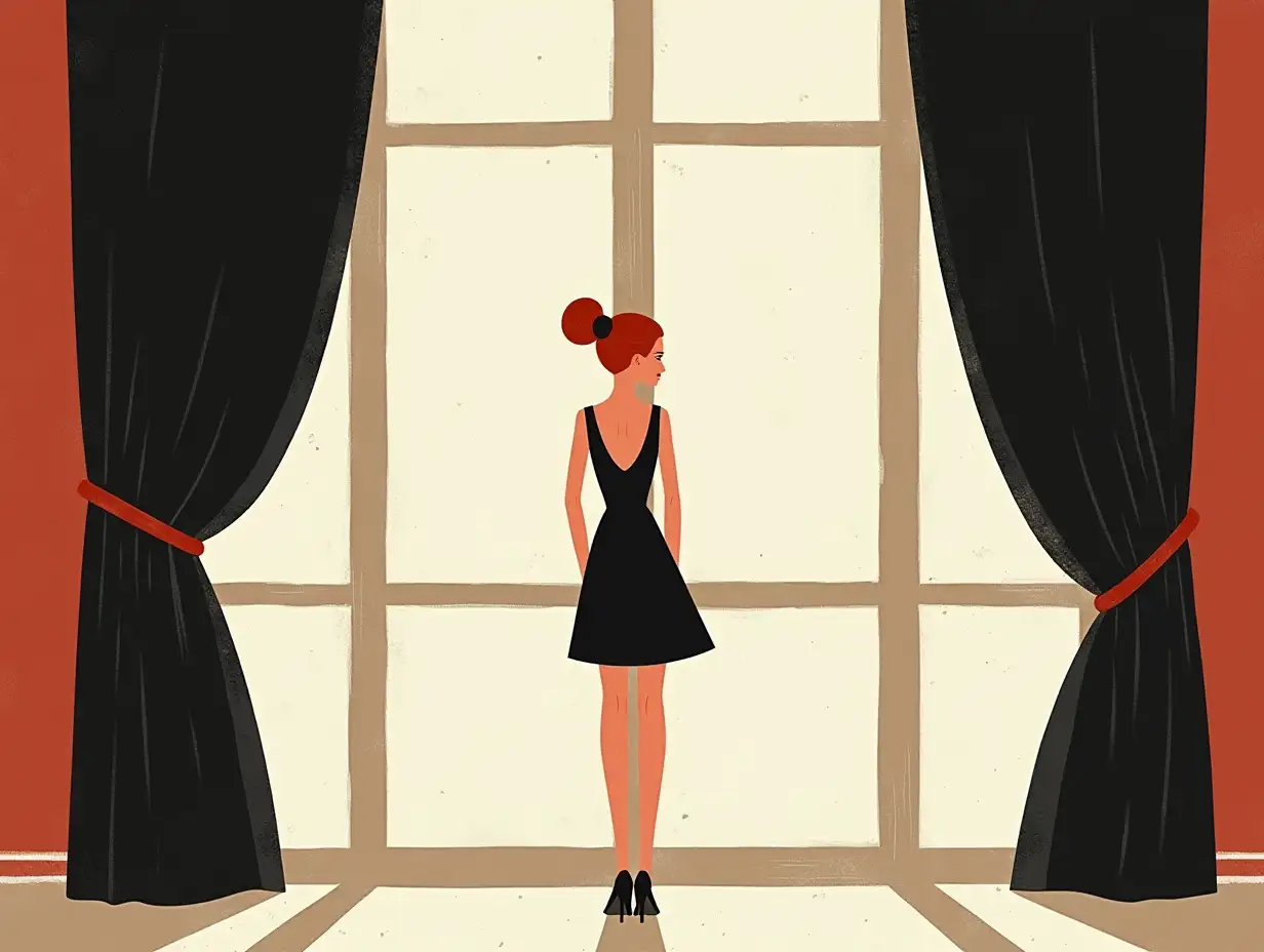 Elegant-Young-Woman-Holding-Curtain-at-Window-in-Little-Black-Dress