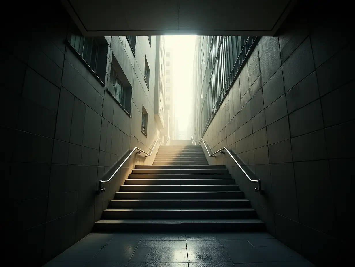 user_prompt: Masterpiece, surrealism, realistic photography. A stairwell exit of a building in the crowded, narrow and adjacent buildings of Chongqing's mountain city, with a glass curtain wall building across it. The intense midday sunlight shines on the glass curtain wall, which reflects the midday sunlight into the underground passage of the stairs, making the reflection extremely strong, blinding people's eyes. There is light all around, forming an obvious light column, facing the reflected noon sunshine, and forming a large light ratio with the surrounding environment. There are no flashy lights, simulating the effect of human vision. The scenery outside the light column is dark. Diderot effect, light fog, light beams, highest detail, highest quality, real light and shadow, light fog, first-person perspective, 32K.