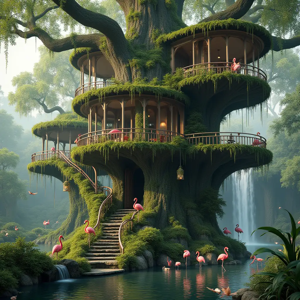 Create an image of a large, moss-covered treehouse, many round stairs, many terraces with hanging orchid plants, a pond with flamingos in the water, waterfall and dragonflies, photo-realistic detail of parts and lighting.