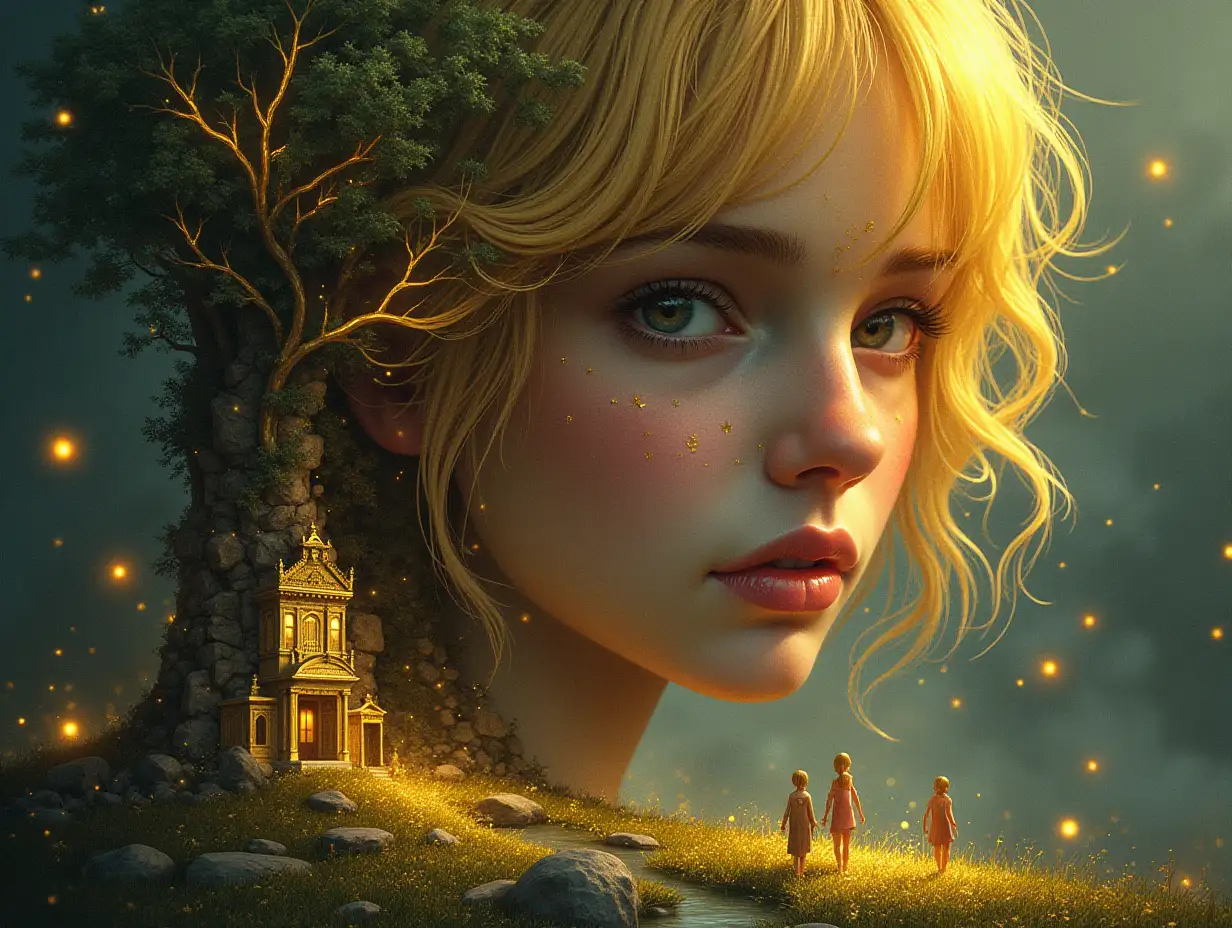 Creating a digital painting of a face with leuctkugel hair, that transforms into a building with gold stones and illuminated trees with golden roots and a river with floating light bulbs and lanterns and strange fairy beings on a meadow