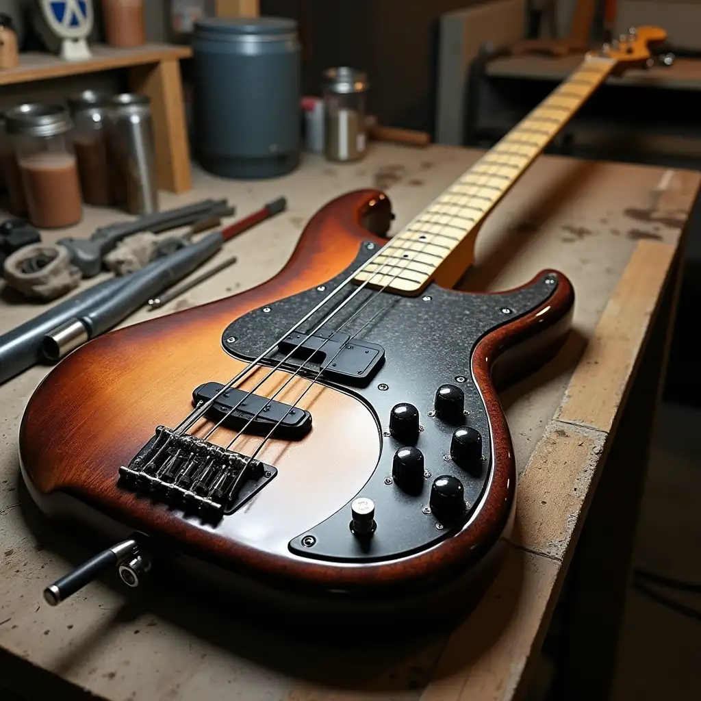 Create one futuristic electric bass guitar sitting on a luthier workbench in all its splendor