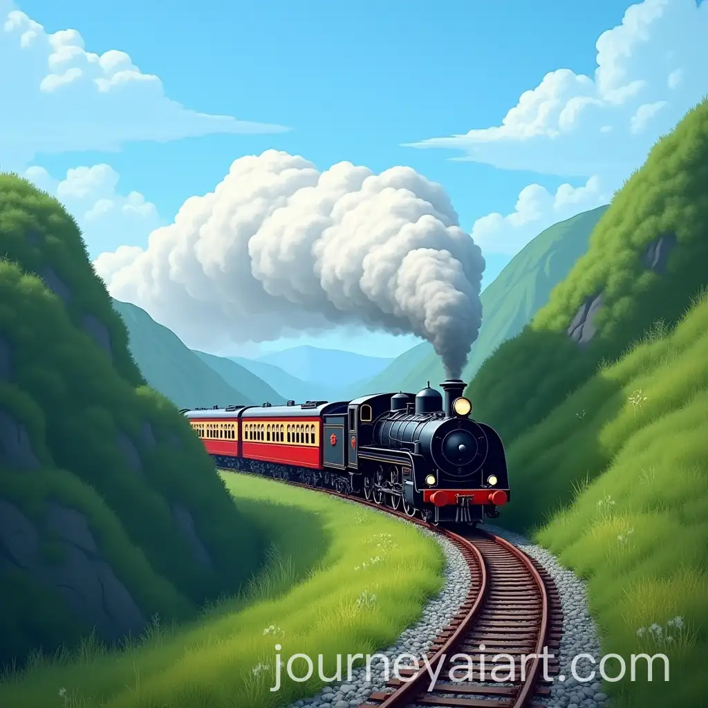 Black-Steam-Train-Traveling-Between-Green-Mountains-with-Musical-Notes-in-the-Sky
