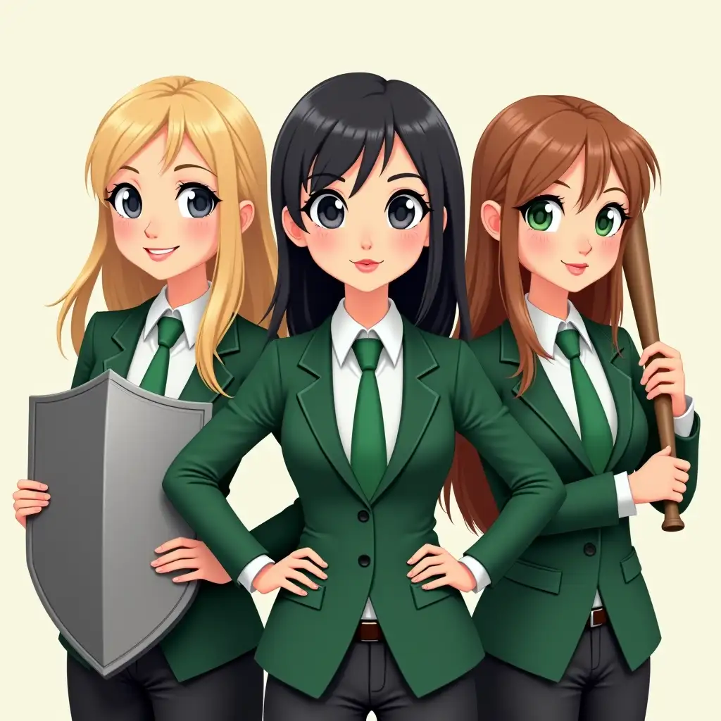 Three women pose for a photo, each wearing a green jacket and a green tie. The girl on the left has light wheat hair and gray-blue eyes, the girl on the left holds a knight's shield in her hands. The girl in the center has black hair and gray-blue eyes, holds her hands on her hips.The girl on the right has light brown hair and swamp-green eyes, holding a baseball bat in her hands.  Apparently, they are dressed in business clothes.  All the girls have fair skin and long hair. In cartoon style