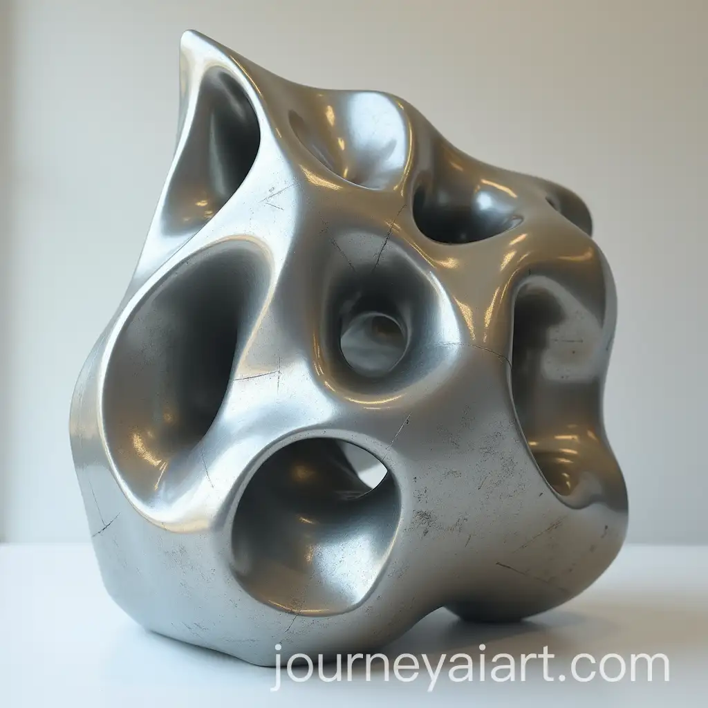 Futuristic-Metallic-Sculpture-with-Abstract-Design-and-Reflective-Surfaces