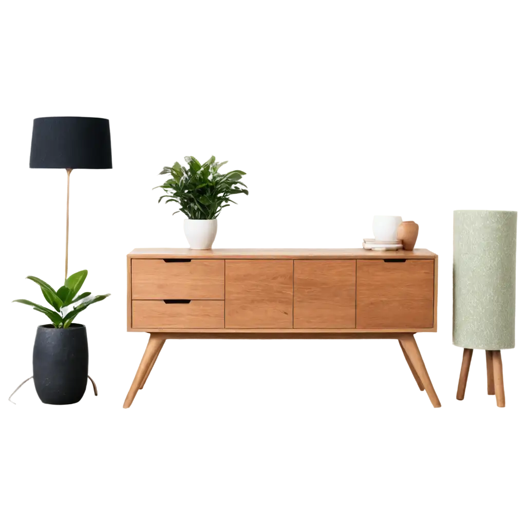 Elegant-Sideboard-with-Lampshade-and-Plant-Pot-PNG-Image