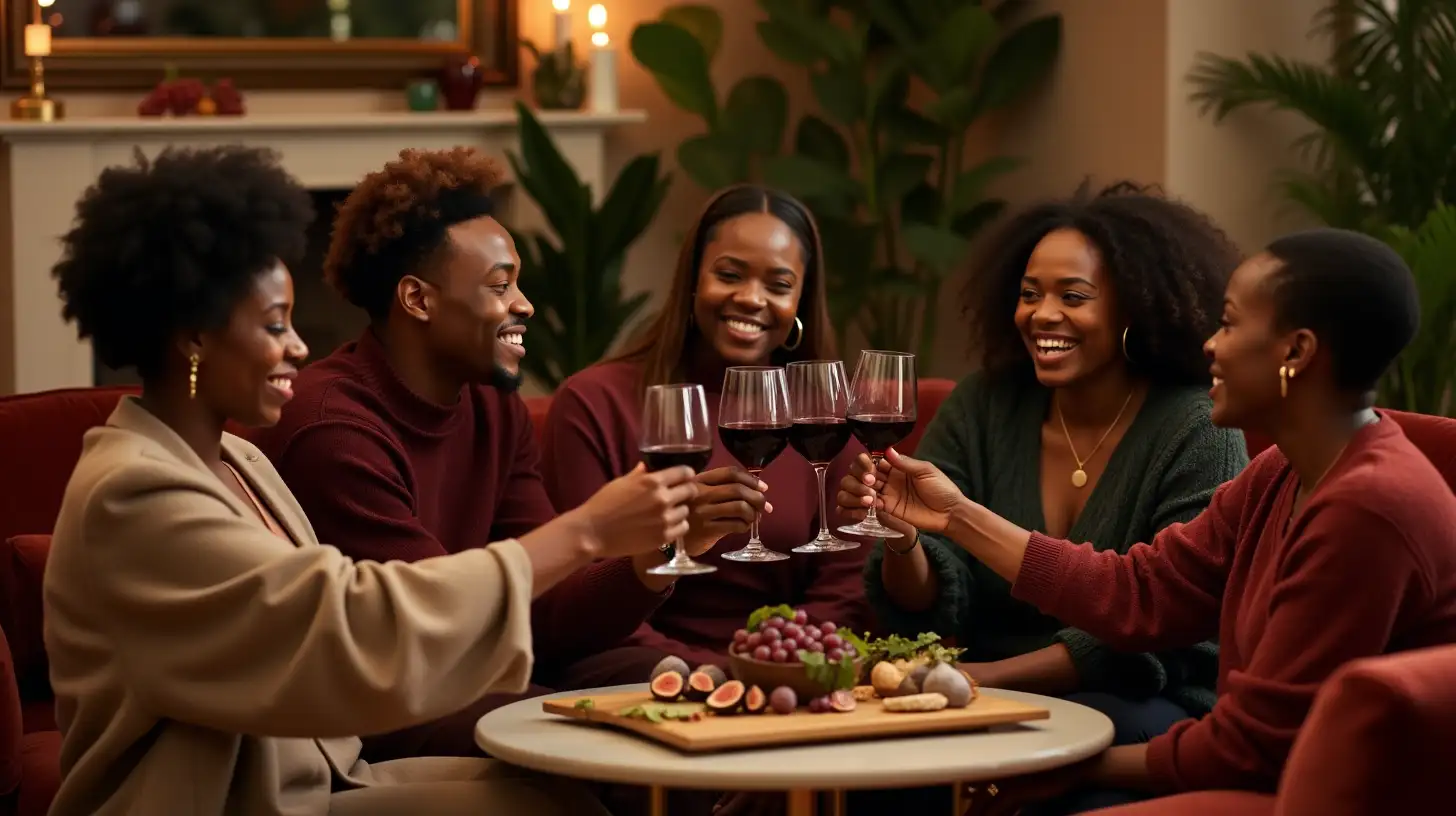 A diverse group of stylish Black individuals, aged 25-45, are gathered in a cozy, sophisticated living room, enjoying sweet red wine. They are smiling, toasting, and chatting, creating a warm, celebratory atmosphere. The setting features a deep red, beige, and gold palette, with plush velvet seating, polished wood furniture, soft ambient lighting, greenery, bowls of grapes, figs, and a charcuterie board, blending elegance and comfort