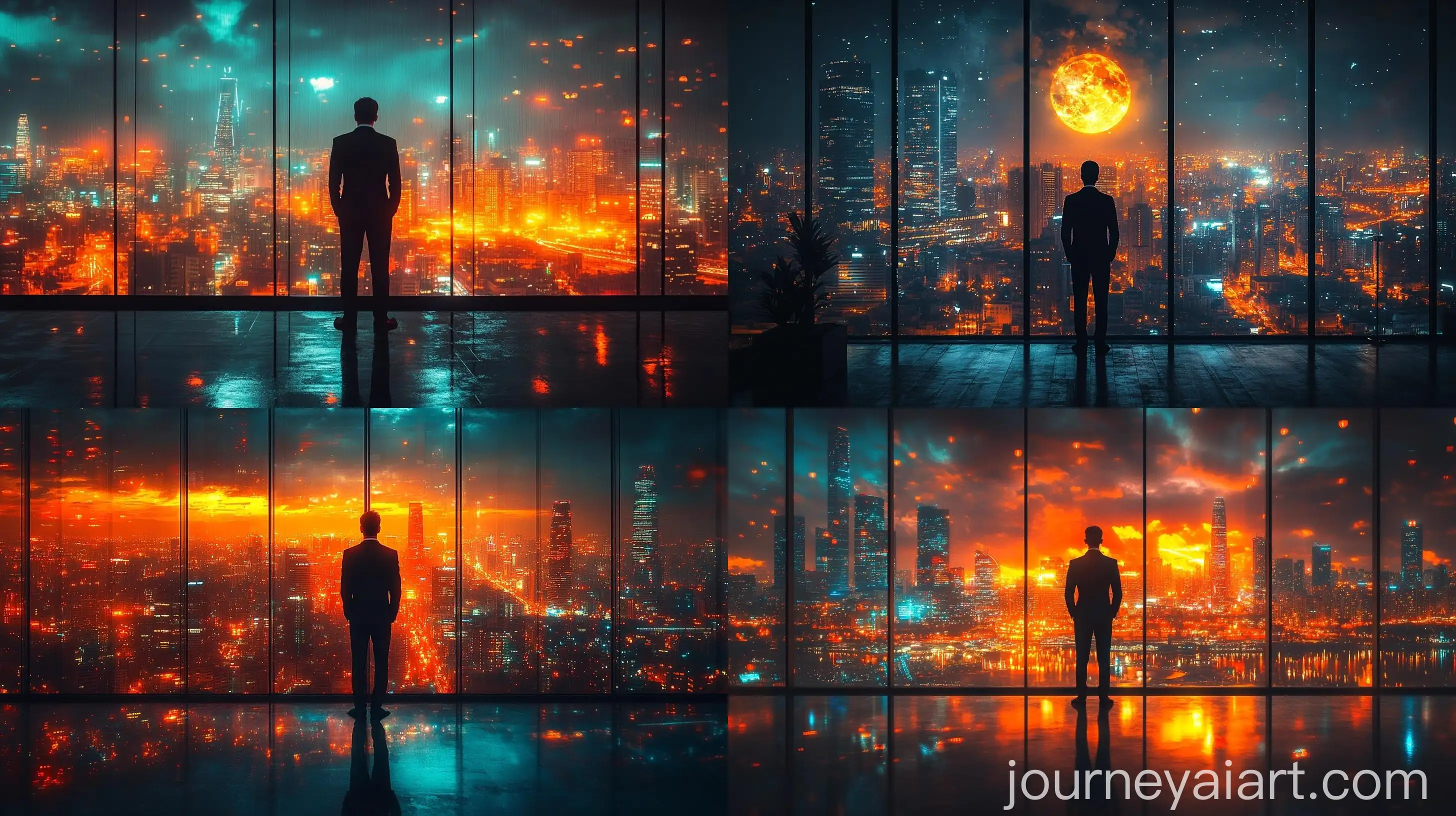 Businessman-in-Office-Looking-at-Night-Cityscape