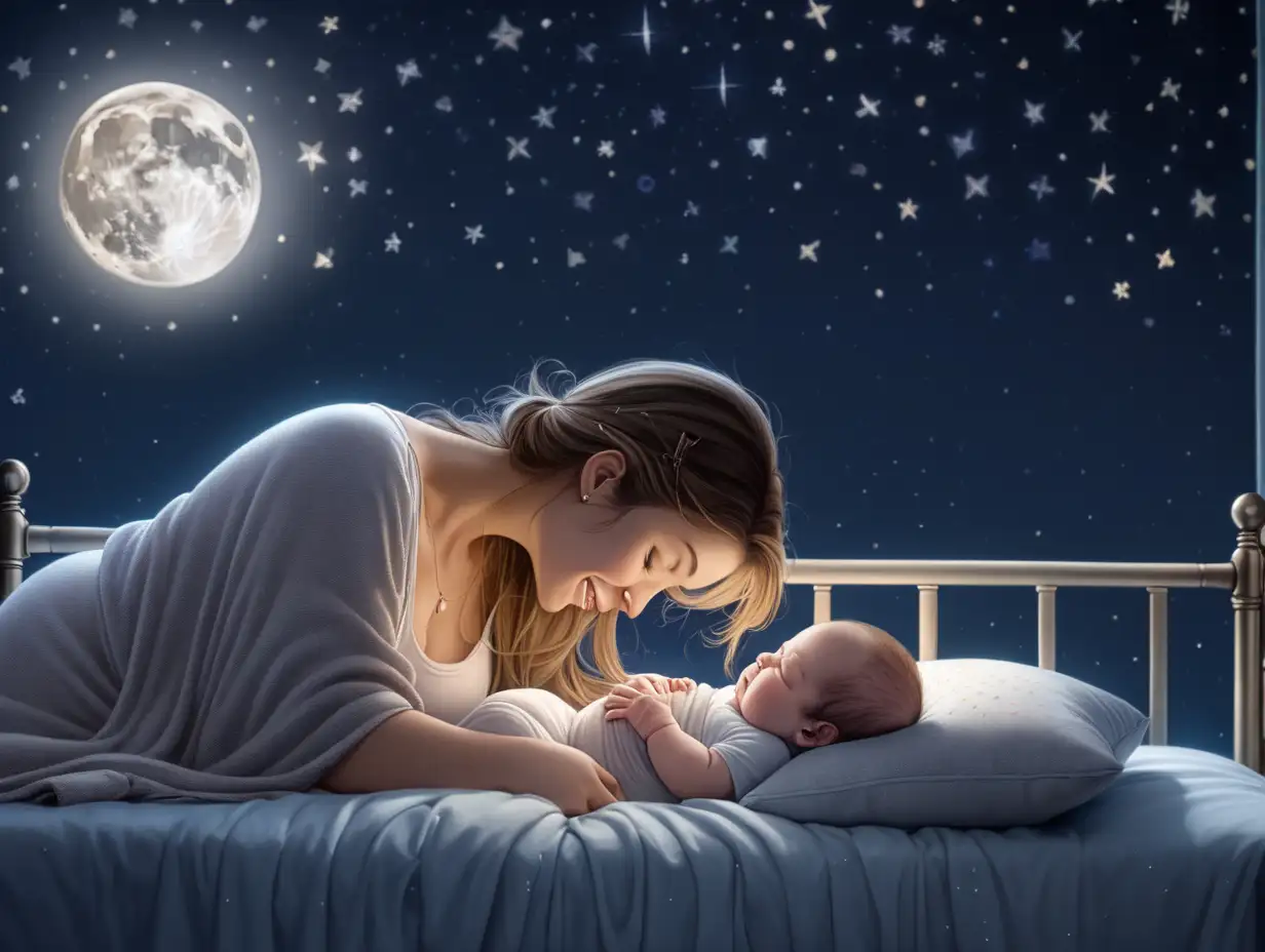 a wide shot of a newborn baby and a mother cuddling happily on a bed, in a nighttime setting with the moon and stars in the background