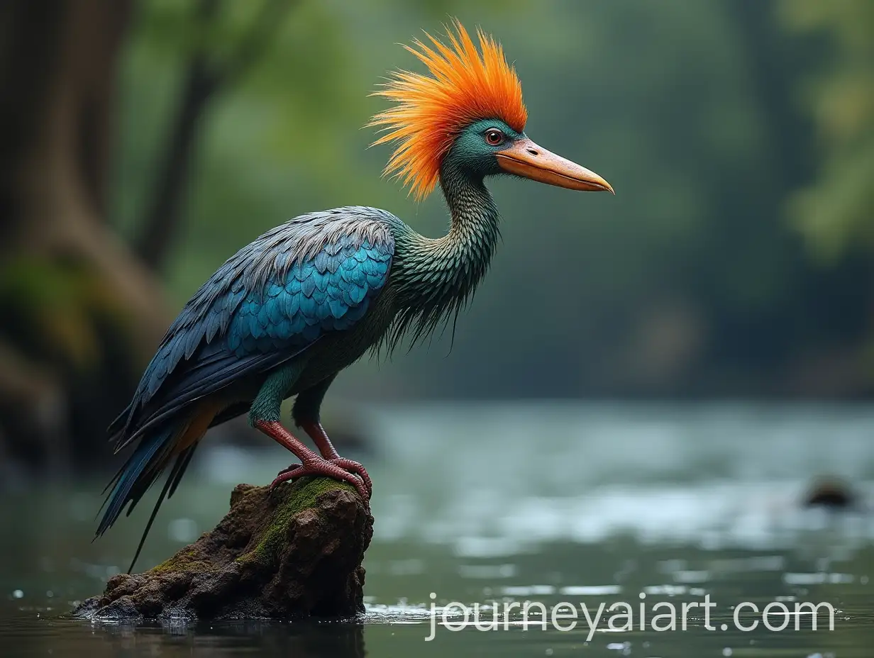 Iridescent-Mythological-Bird-Perched-on-River-Tree-Trunk