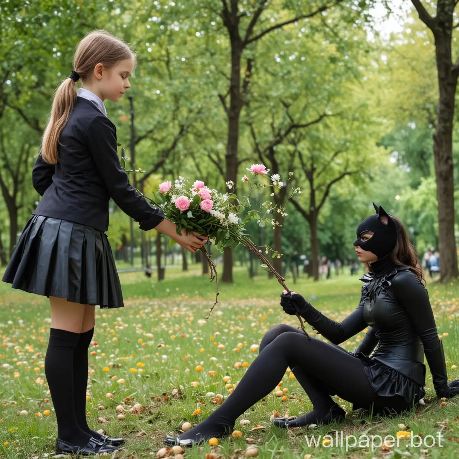 a schoolgirl is putting a ball on a twig in the park, next to her sits a cat woman with a bouquet