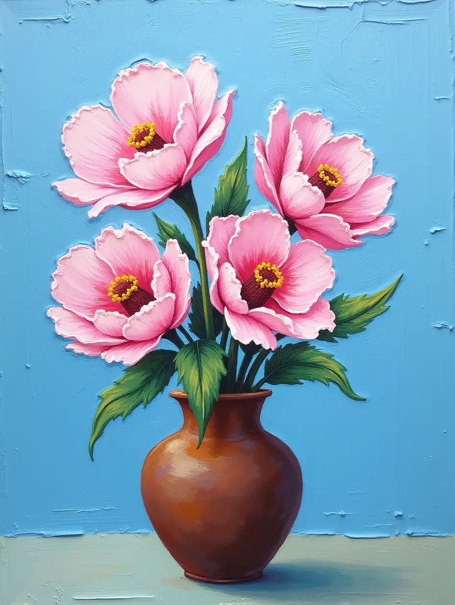 Pink flowers in brown vase with blue background using thick impasto brushstrokes