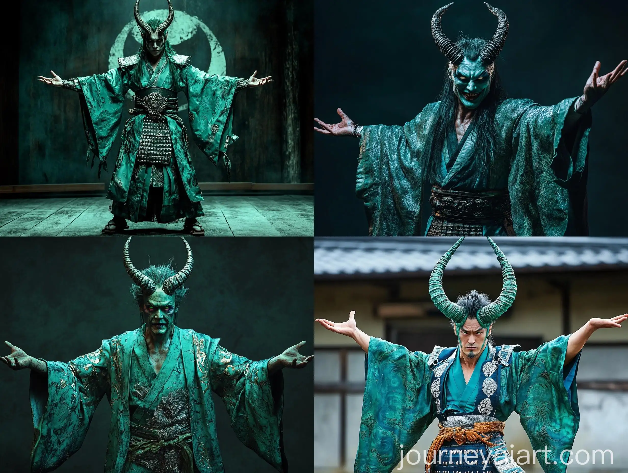 Diabolical-GreenHaired-Demon-in-Turquoise-Kimono-and-Medieval-Armor