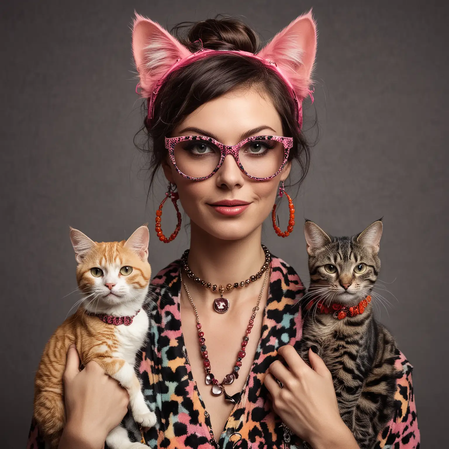 Colorful Funky Cat Lady with Playful Cats