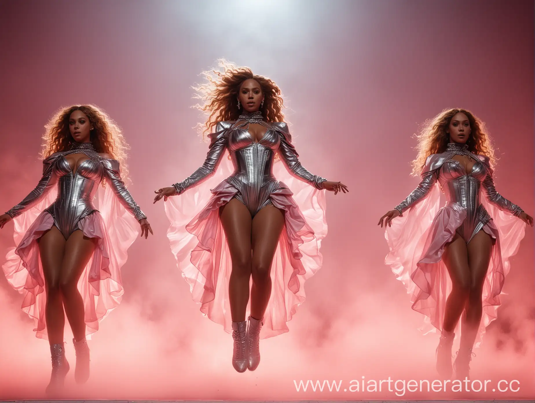 Silver-Beyonce-Levitating-with-Renaissance-World-Tour-Dancers-in-Pink-Sky