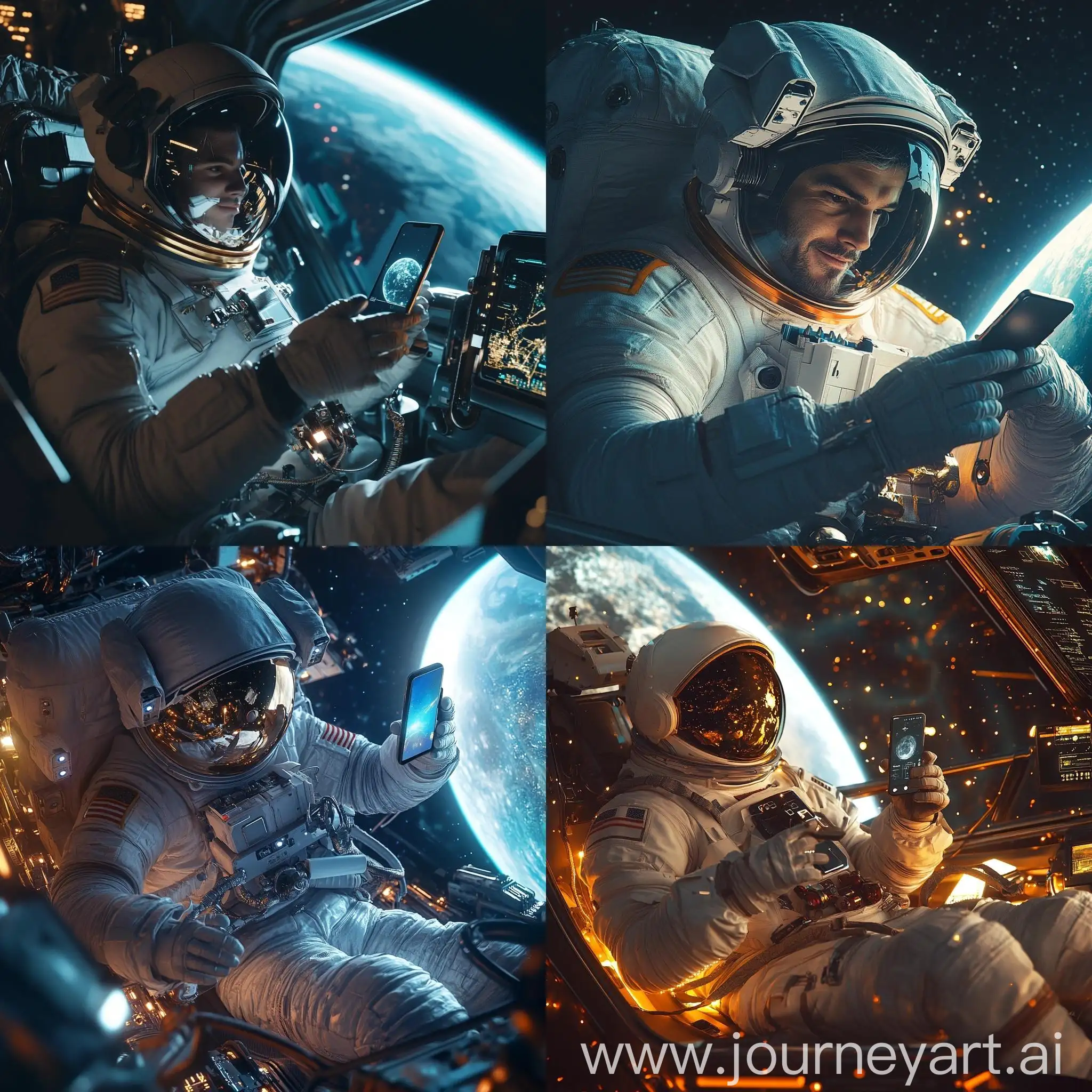 Male-Astronaut-Using-Mobile-Phone-in-Spaceship-with-Planet-View