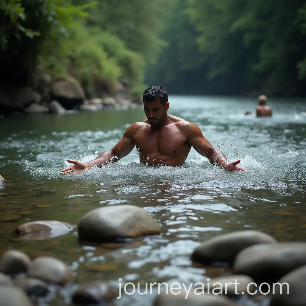 ManAI-Image-Prompt-Expansion-Swimming-in-a-River-Surrounded-by-Stones