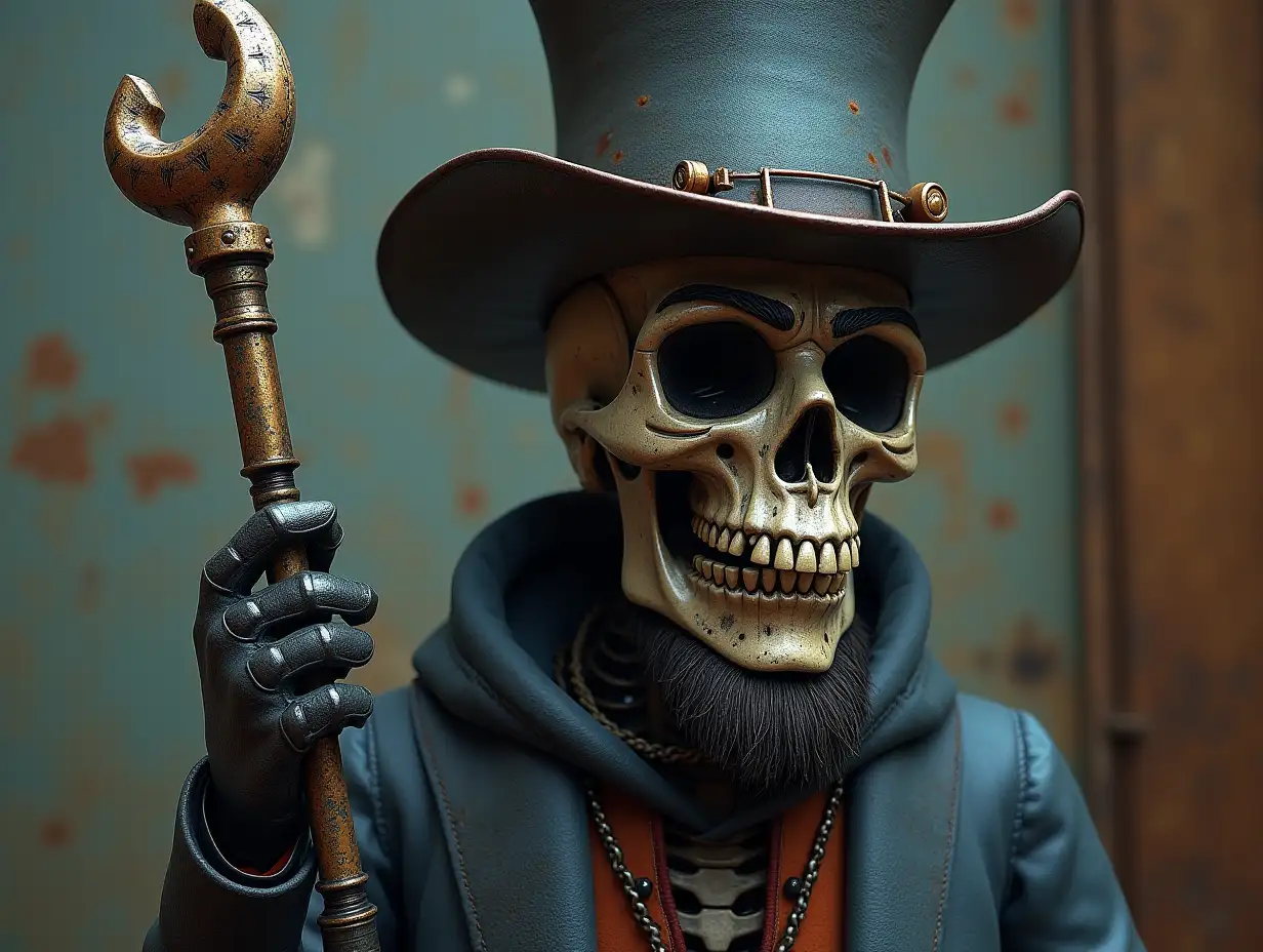 Create a high-resolution, realistic image of a robot with a skeleton body, skin color with gloves and beard, eyebrows, a sweater, a cyberpunk top hat, and a morning star in its hand, in 4K resolution (Steampunk 8K quality).