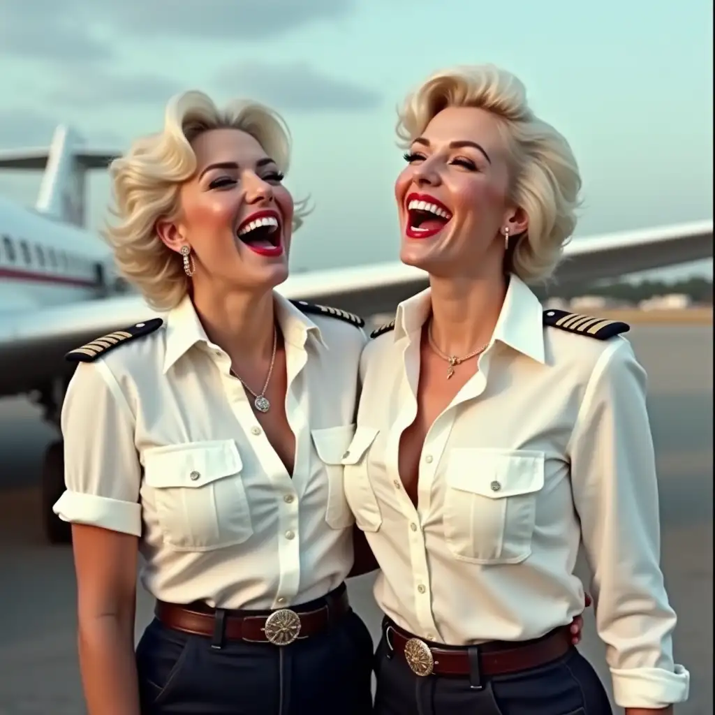 two white curvy pilot ladies, Marilyn Monroe face, in white unbuttoned pilot shirt, laughing with her mouth open, red lipstick accentuating her smile, belt on waist, big wide hips, chest are fully grown, jewerly, short hair, HD, enjoying at airport , photo-realism