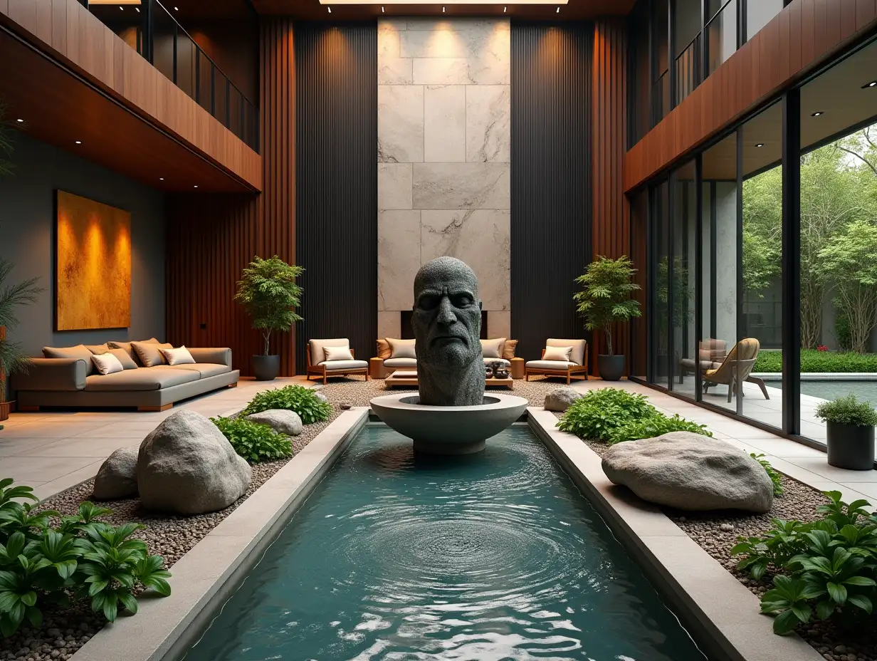 Large modern living room with fountain, Attack on Titan statue Statue, lighting with furnishings, plants with Zen garden with carefully tended rocks, a meditative 180 degrees shot 8K resolution Vibrant