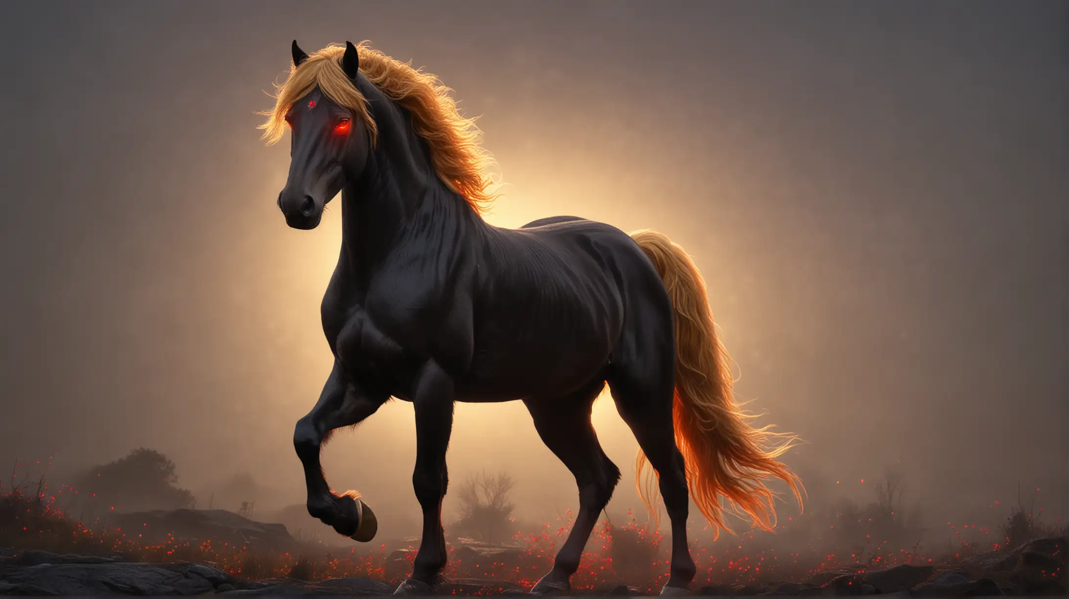 Majestic Black Horse with Glowing Red Eyes and Golden Mane