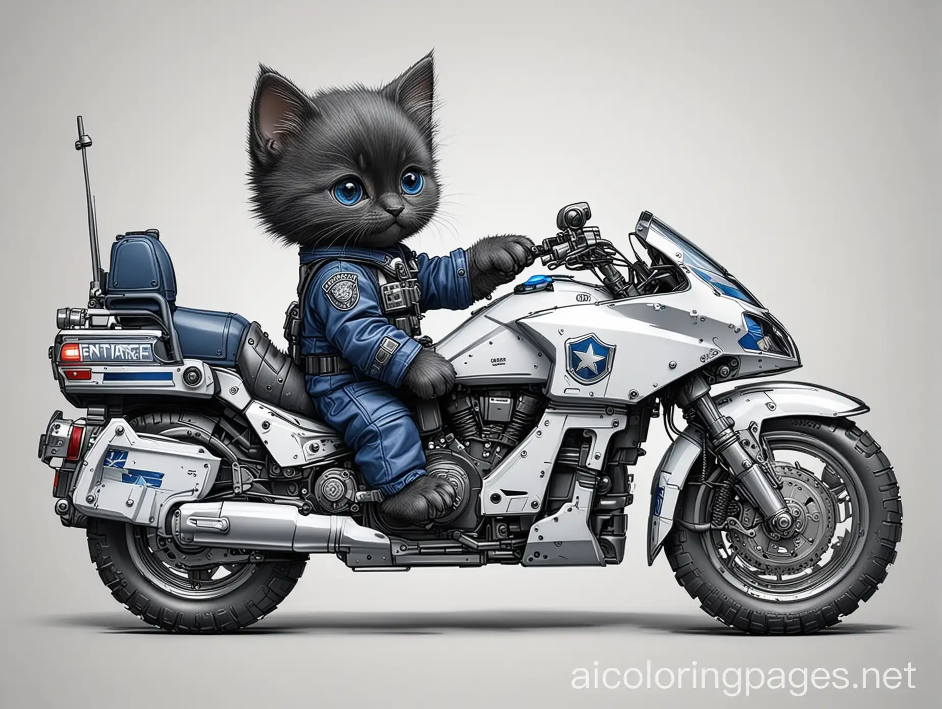 Black-Kitten-in-Dark-Blue-Mech-Gear-Riding-Police-Cruiser-Coloring-Page