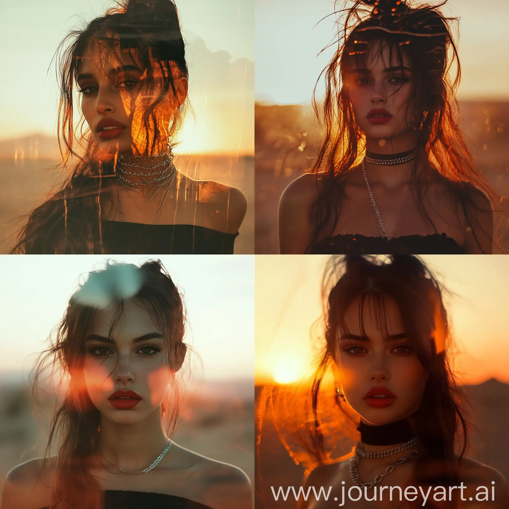 Double-Exposure-Portrait-of-Brunette-Woman-with-Red-Lips-and-Silver-Chain-at-Desert-Sunset