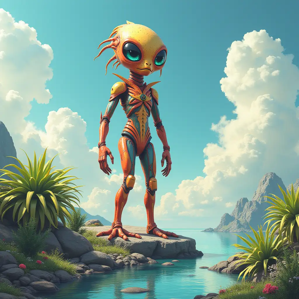 extraterrestrial creature 3 meters tall, colorful on a rock, large plants, water, clouds