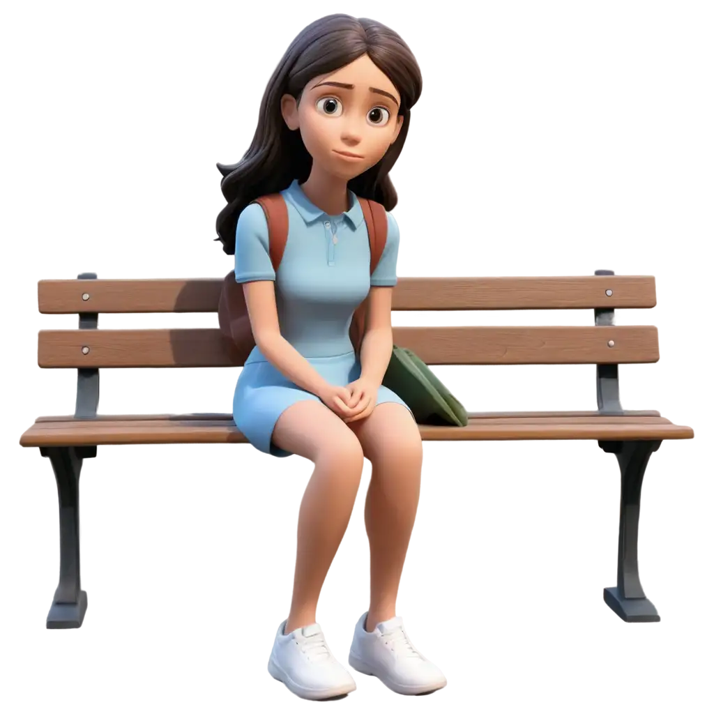 Create an animation in which a girl student who is confused sitting on a bench in a park 