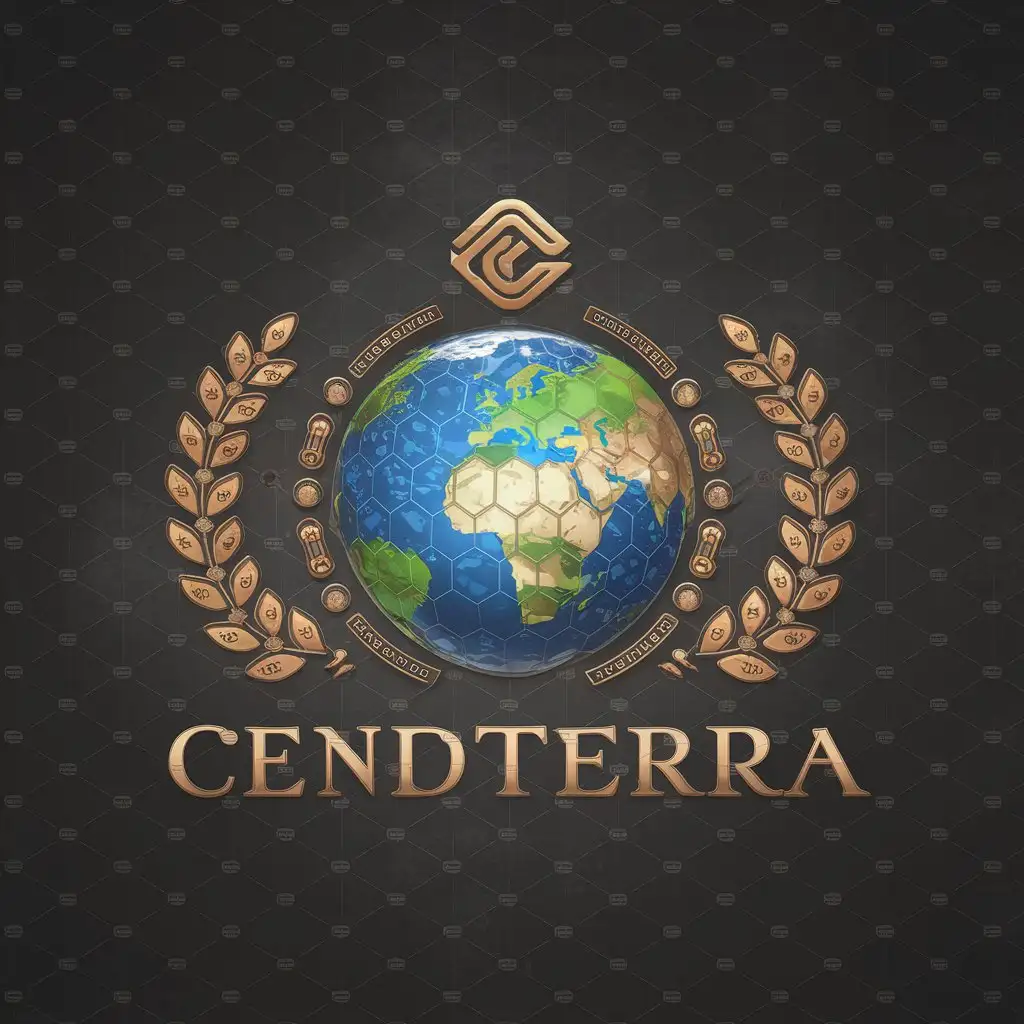 a vector logo design,with the text "CENDTERRA", main symbol:a vector logo design,with the text 'CENDTERRA', main symbol: Logotype for a mobile game related to cryptocurrency, in the center of the logo is the Earth, covered with a grid of hexagons. Above the planet is the game symbol. On both sides of the planet there are wreaths of blockchain links. Style: USSR, Steampunk, complex, be used in Finance industry, clear background,complex,be used in Finance industry,clear background