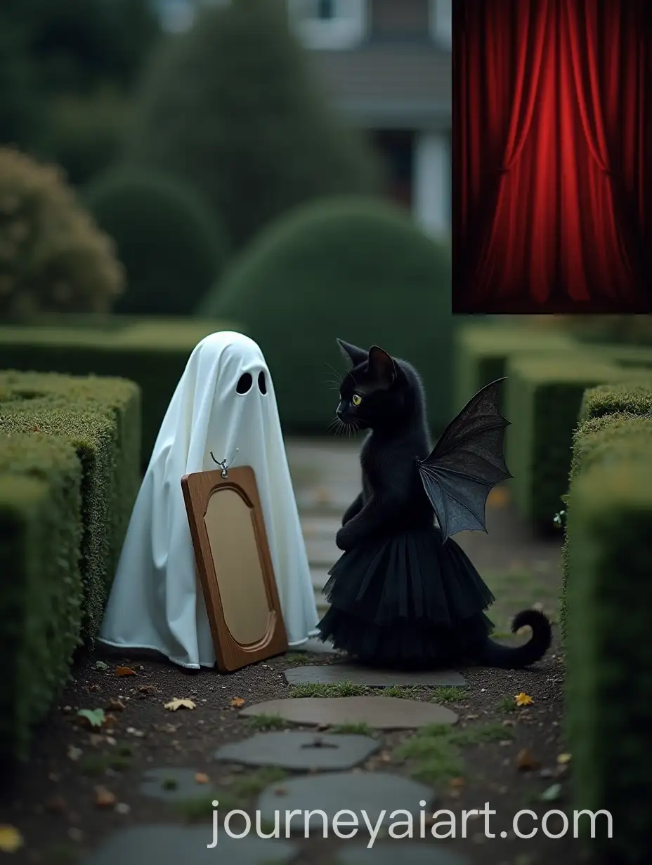 Victorian-Halloween-Scene-with-Black-Kitten-and-Ghostly-Figure-in-English-Garden