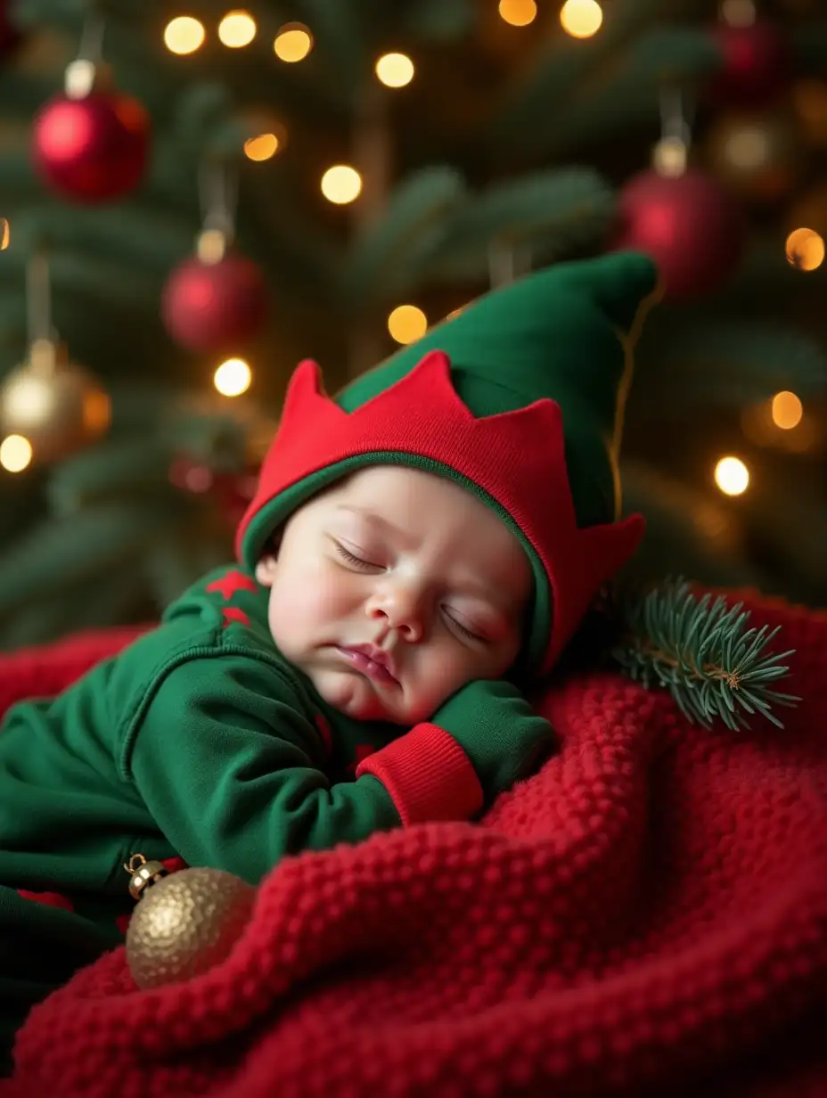 Infant Sleeping Under a Gorgeous Christmas Tree in Elf Costume