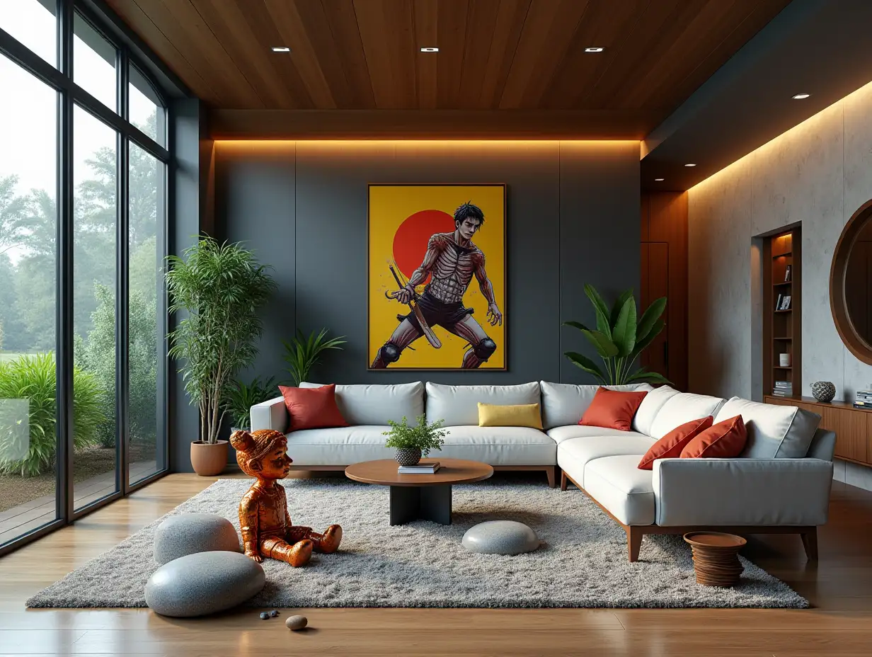 Large modern living room with colorful metal statue of Pinocchio on the floor.with furniture with plants with Attack on Titan image on the wall Zen-Garden with carefully tended rocks, a meditative 180 degree shots 8K resolution Vibrant