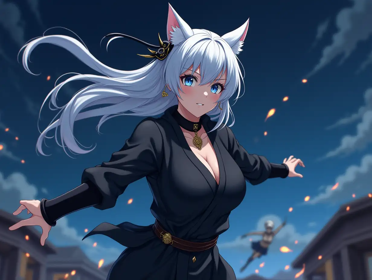 Anime mature adult woman with an hourglass body who looks like she is in her 30's with big breast, blue eyes, black and gold earrings, a choker around her neck, long white hair and white cat ears on her head. She is wearing a Ninja outfit while fighting with kunoichi ninjas in the air, clashing weapons as sparks fly in the night sky as she jumps from rooftop to rooftop trying to escape from the kunoichi that are chasing her.