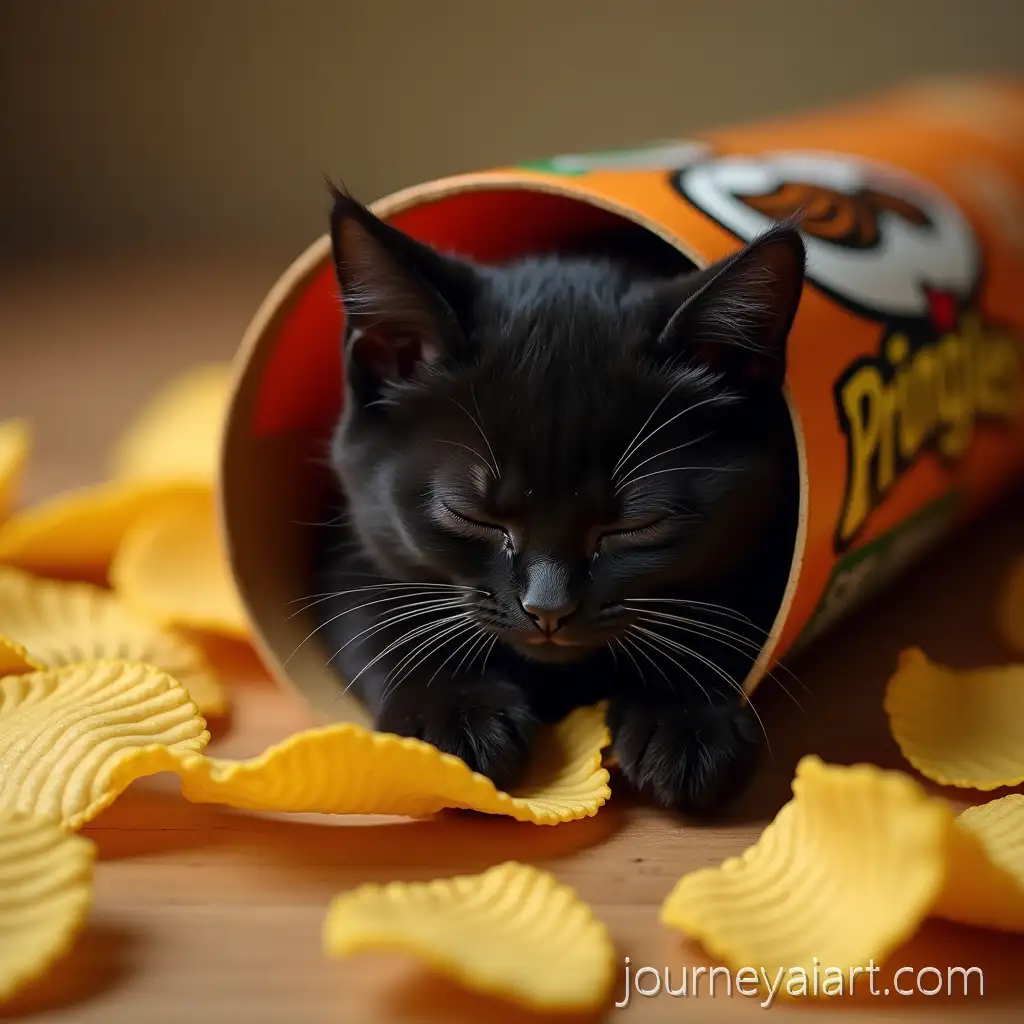 Black-Kitten-Sleeping-in-Pringles-Tube-Surrounded-by-Chips