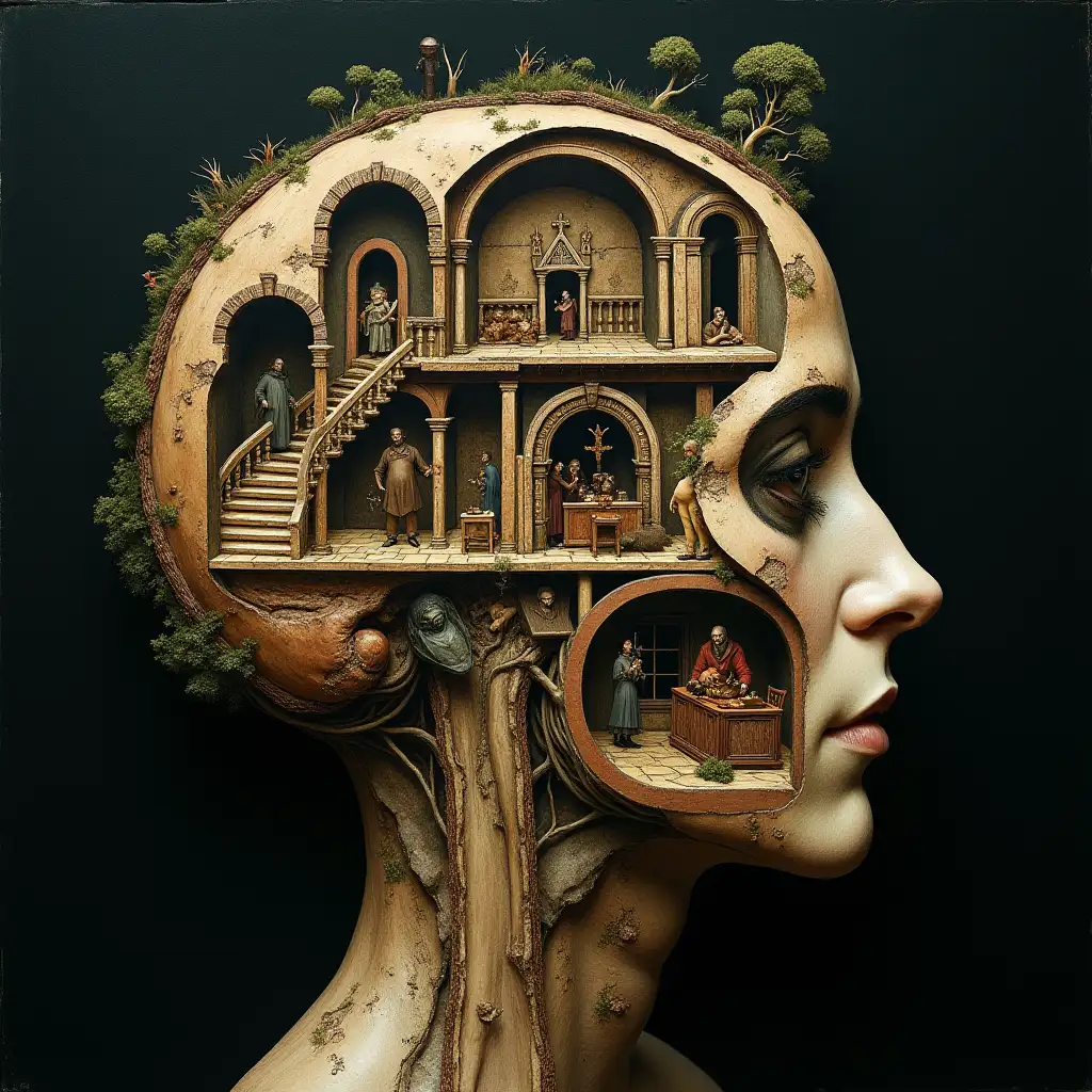 A surreal cross-section of a human head, structured like a three-story house. Each floor is inhabited by strange, Bosch-inspired creatures engaging in bizarre rituals, feasts, and experiments. The brain is a gothic cathedral with eerie worshippers. Winding staircases connect the levels, where grotesque beings move through mysterious corridors. Dark, dreamlike atmosphere, reminiscent of The Garden of Earthly Delights, with soft, eerie lighting enhancing the surreal details.